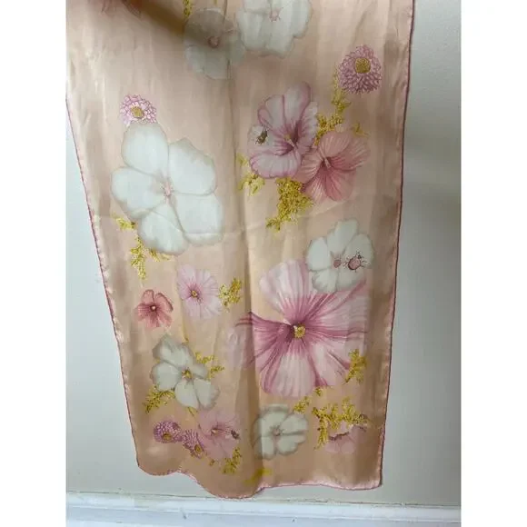 SALVATORE FERRAGAMO Vintage Silk Blush Pink Long Scarf Flowers Ladybug Bee Print - Picture 4 of 7